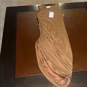 Lovers and Friends Ruched Sleeveless Bodycon Dress in Camel